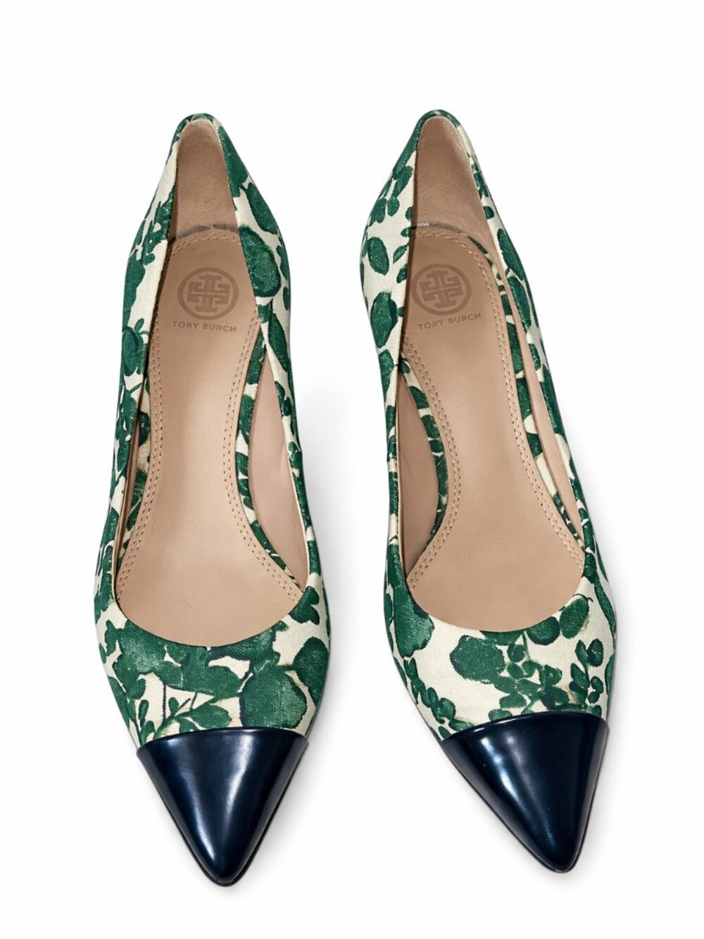 Tory Burch Green Floral Canvas & Black Cap‑Toe Pumps Women’s 9.5 Designer Heels